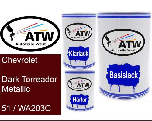 Chevrolet, Dark Torreador Metallic, 51 / WA203C: 500ml Lackdose + 500ml Klarlack + 250ml Härter - Set, von ATW Autoteile West.